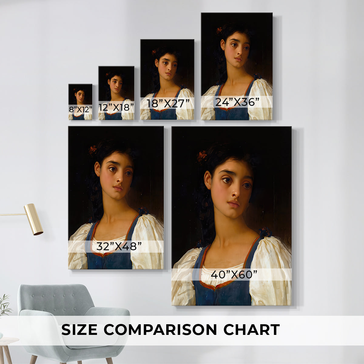 Size comparison chart for canvas art prints, showing multiple size options.