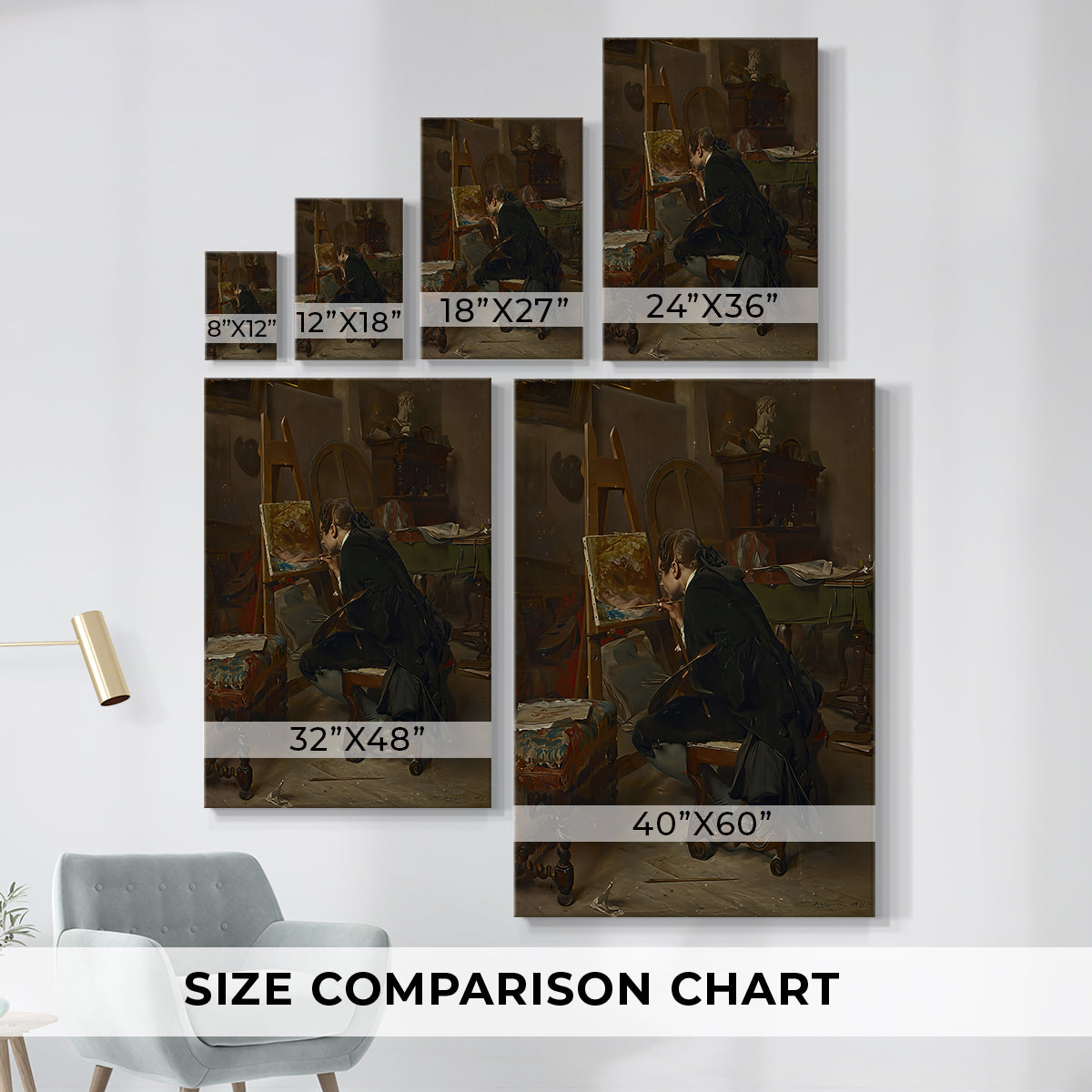 Size comparison chart for canvas art prints, showing multiple size options.