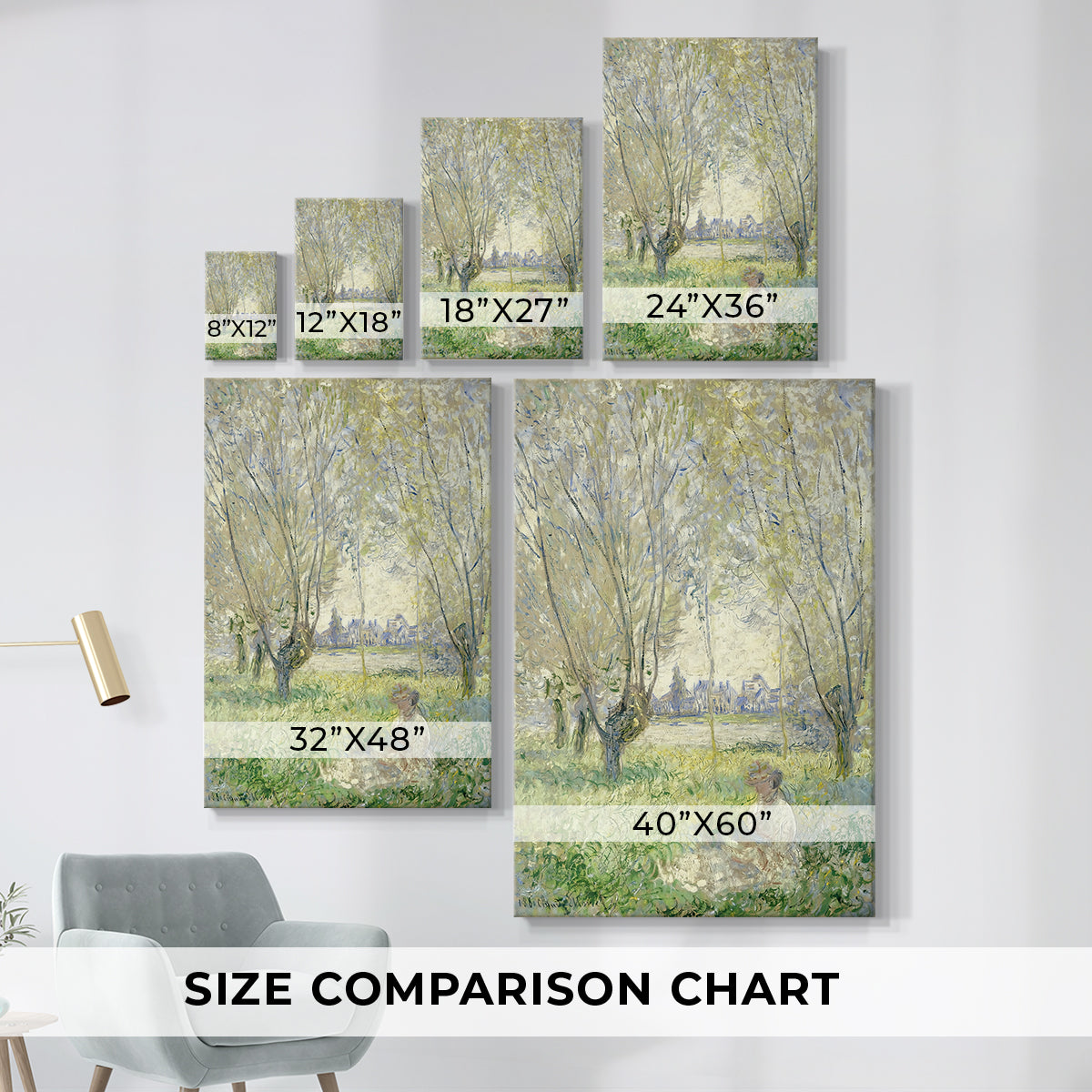 Size comparison chart for canvas art prints, showing multiple size options.