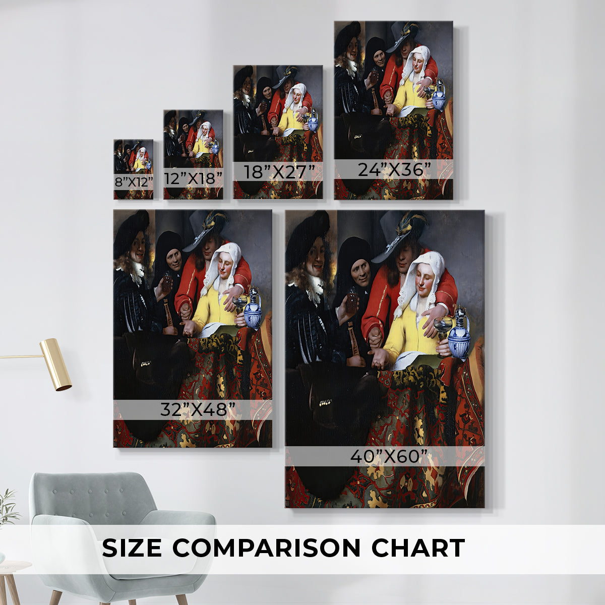 Size comparison chart for canvas art prints, showing multiple size options.