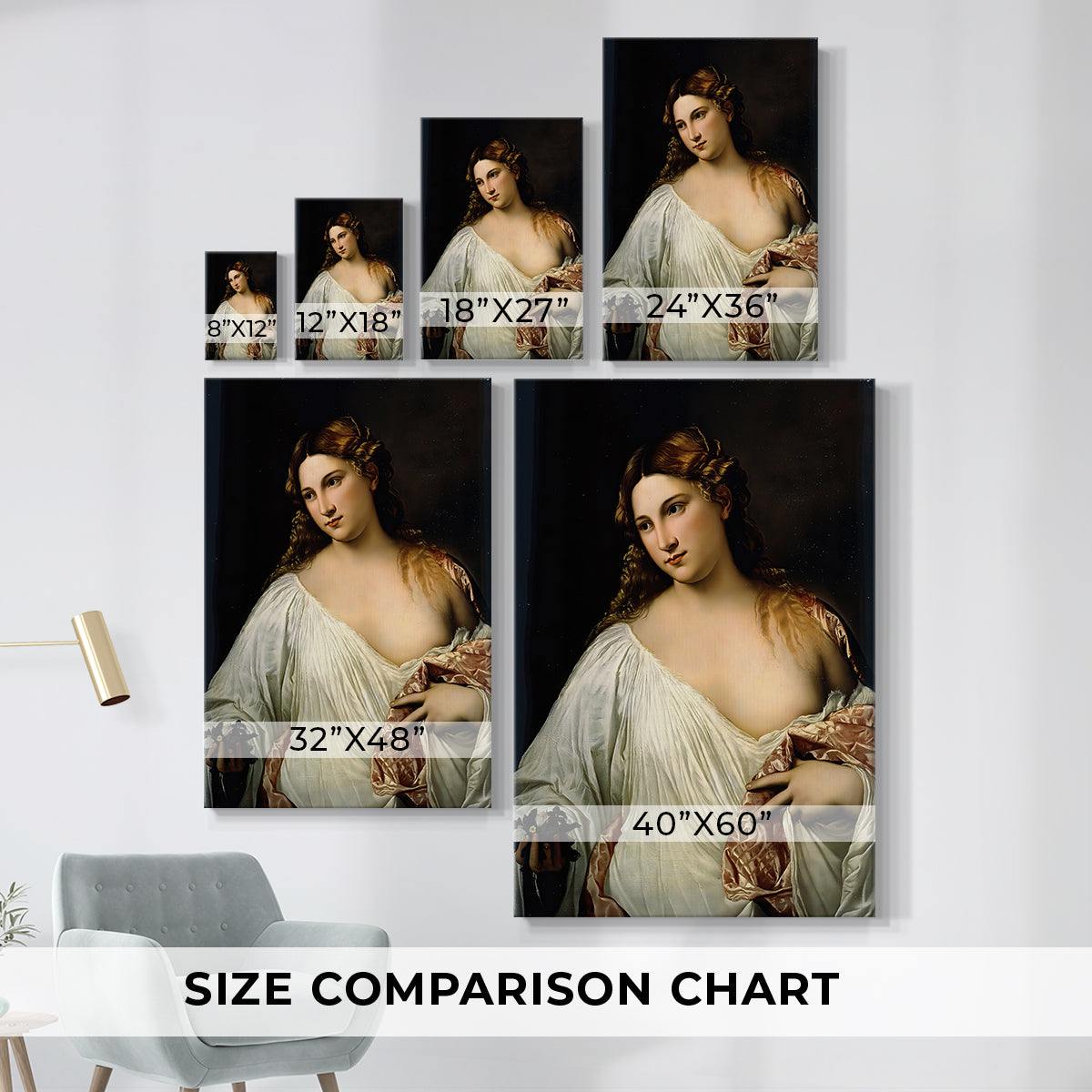 Size comparison chart for canvas art prints, showing multiple size options.