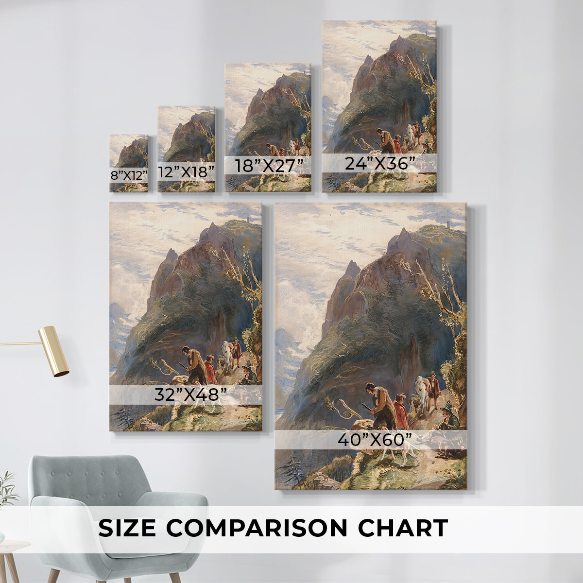 Size comparison chart for canvas art prints, showing multiple size options.
