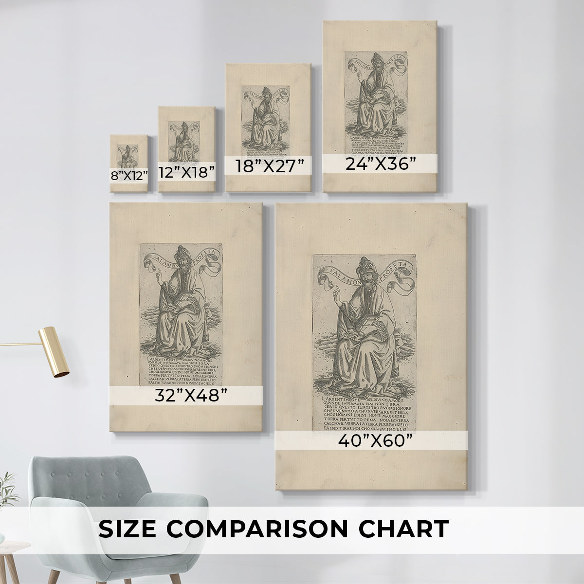 Size comparison chart for canvas art prints, showing multiple size options.