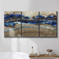 Three-panel canvas wall art featuring abstract coastal jewel toned composition, displayed in a bathroom above a bathtub.