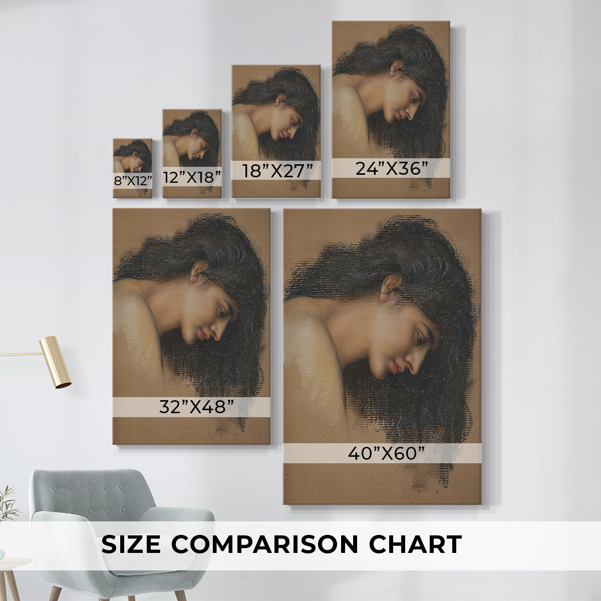 Size comparison chart for canvas art prints, showing multiple size options.