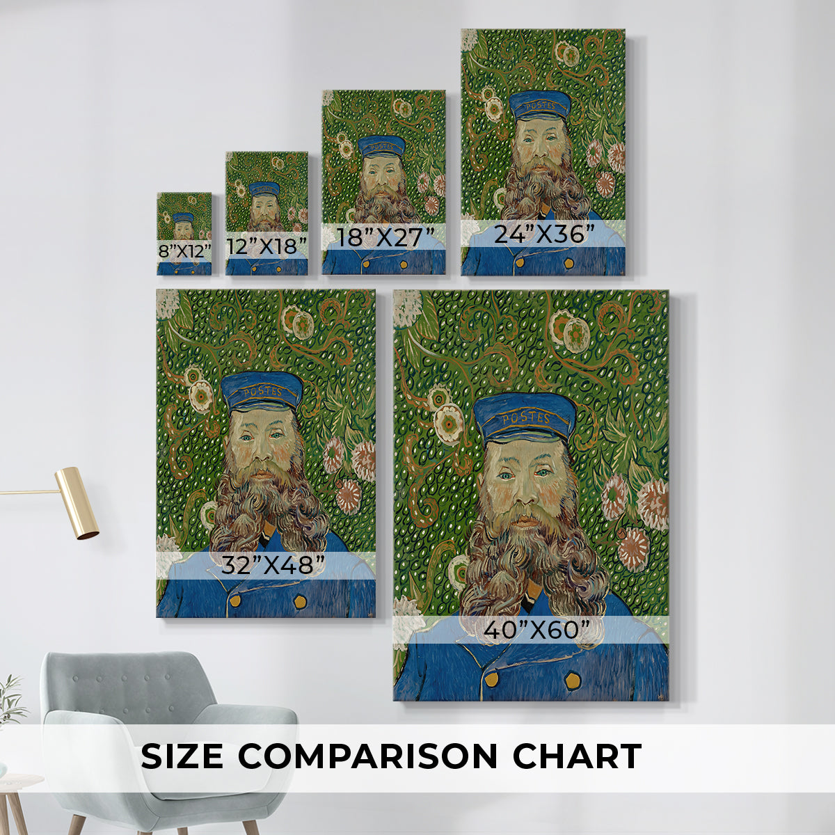 Size comparison chart for canvas art prints, showing multiple size options.