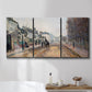 Three-panel canvas wall art featuring tree lined boulevard in town, displayed in a bathroom above a bathtub.