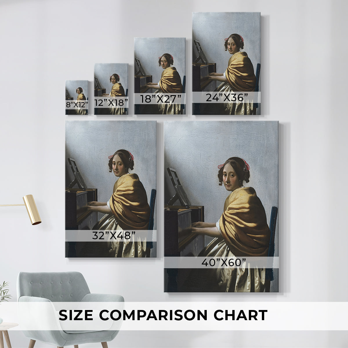 Size comparison chart for canvas art prints, showing multiple size options.