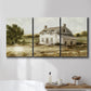 Three-panel canvas wall art featuring rural farmhouse harvest landscape, displayed in a bathroom above a bathtub.