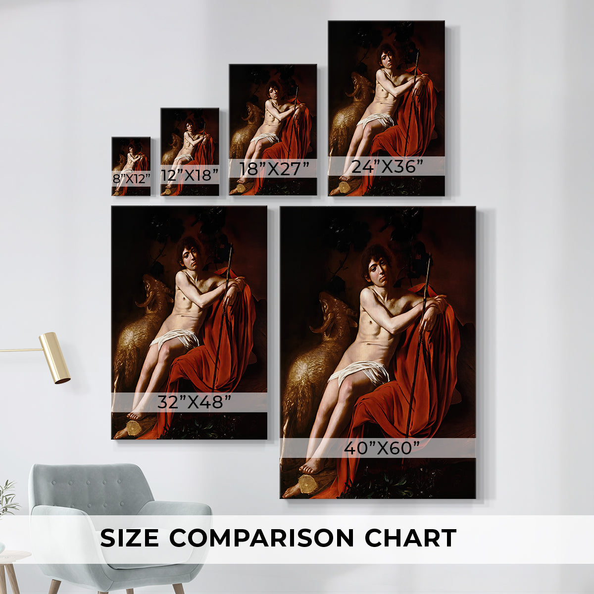 Size comparison chart for canvas art prints, showing multiple size options.