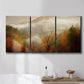Three-panel canvas wall art featuring misty autumn landscape photograph, displayed in a bathroom above a bathtub.