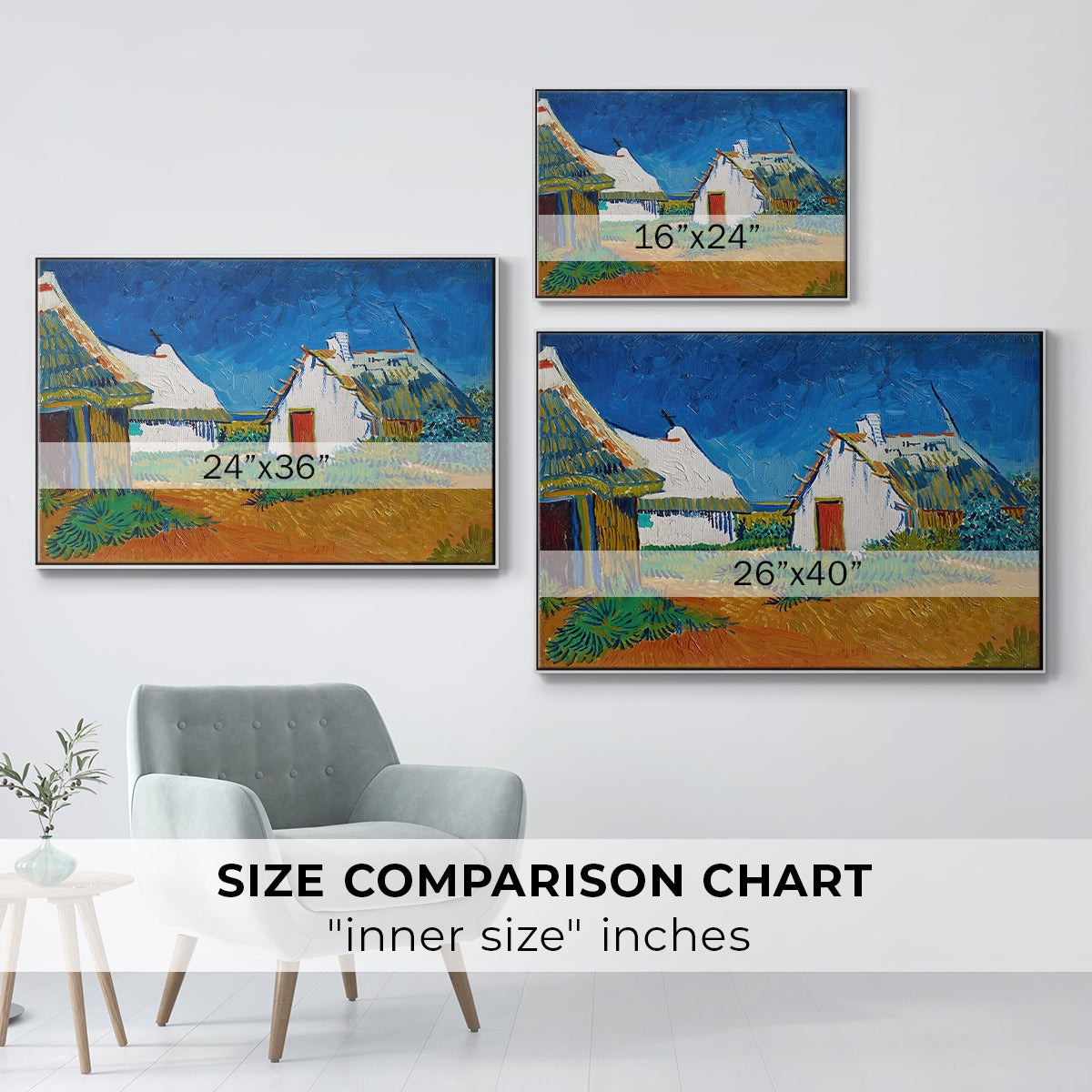 Three White Cottages at Saintes-Maries, 1888 - Floater Framed Canvas Print