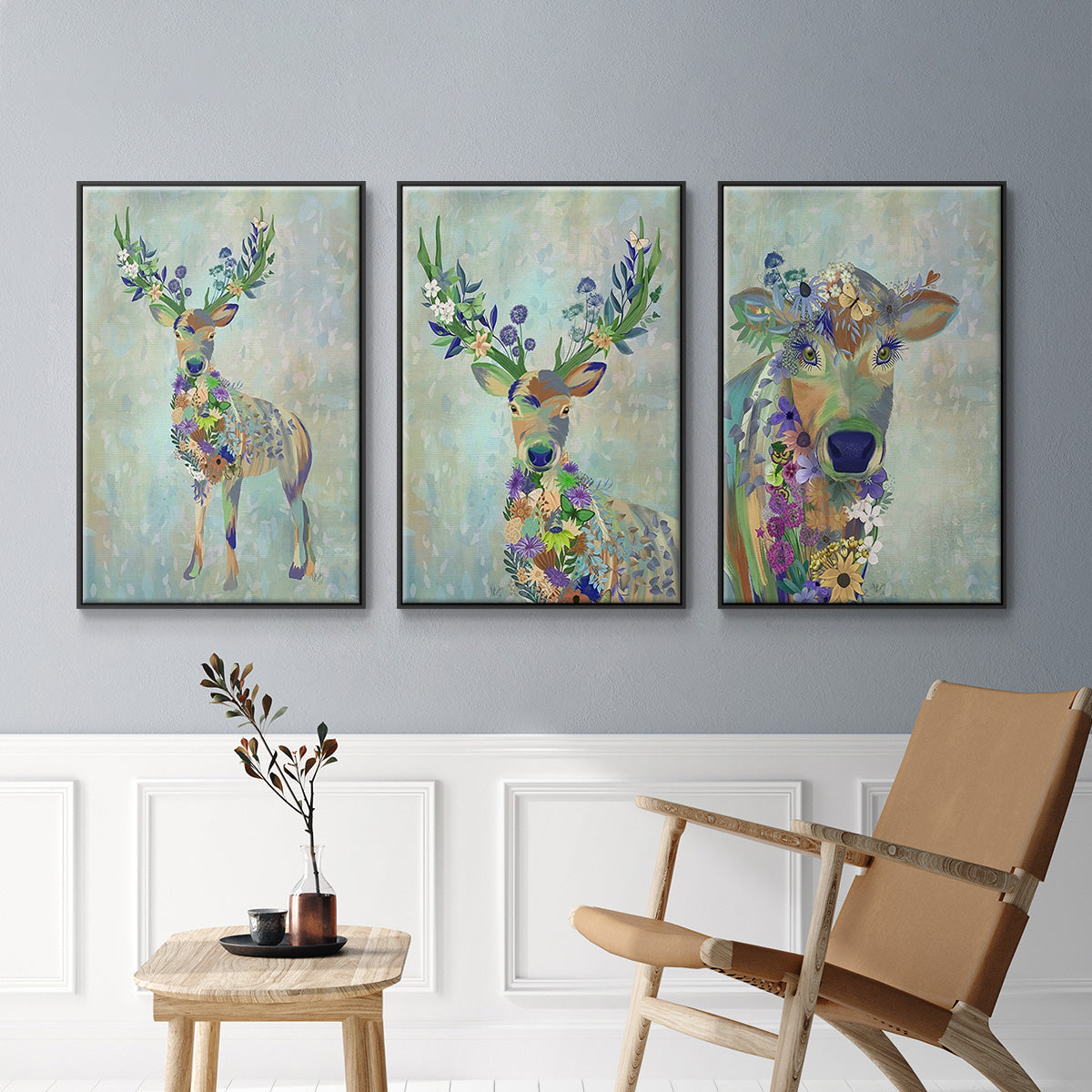 Fantastic Florals Cow - Framed Premium Gallery Wrapped Canvas L Frame 3 Piece Set - Ready to Hang