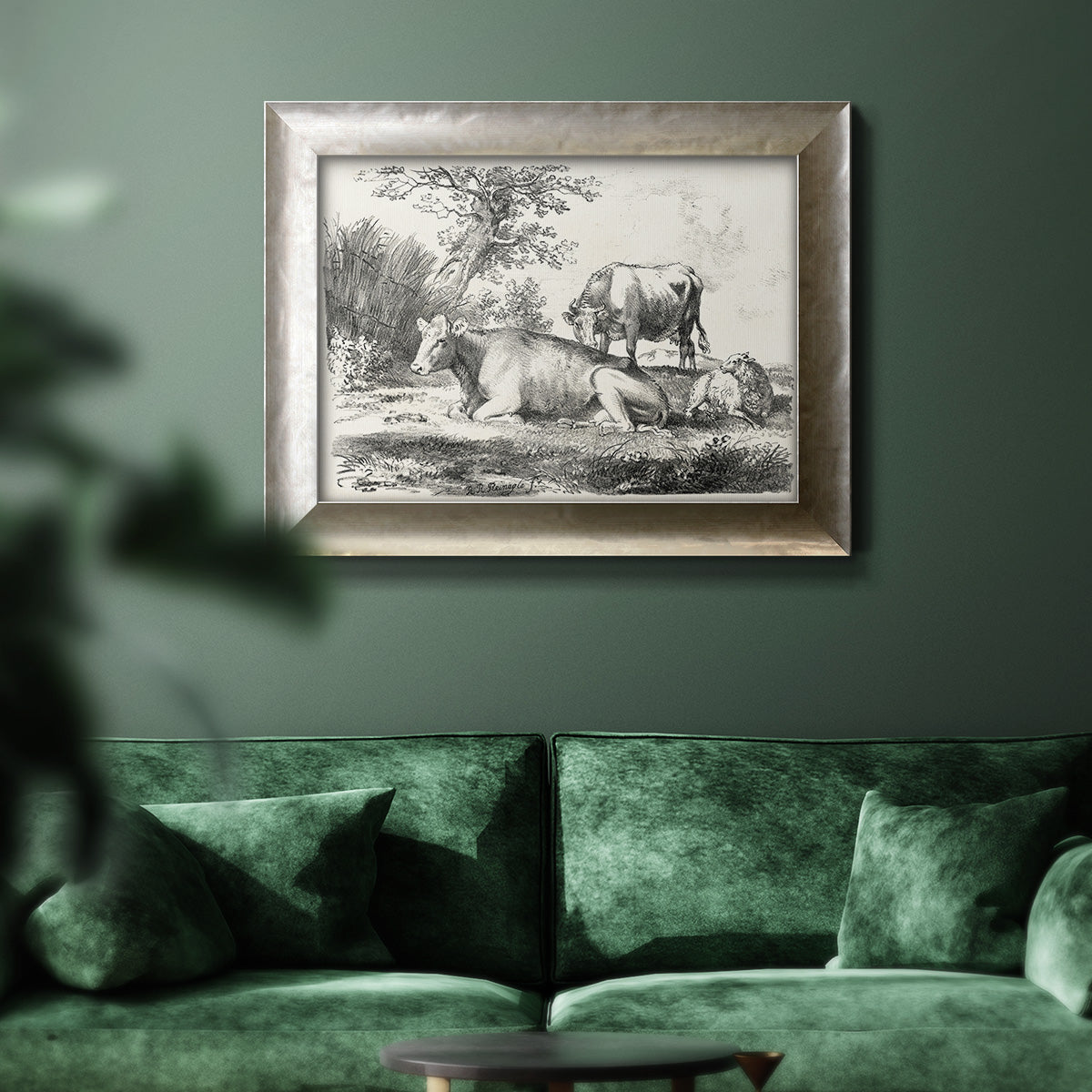 Classical pastoral landscape artwork by Nicolas Berchem in an ornate mottled silver frame displayed in a dark-toned interior setting.