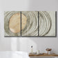Three-panel canvas wall art featuring circular abstract energy forms, displayed in a bathroom above a bathtub.