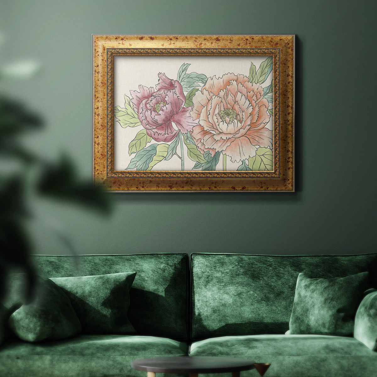 Modern peony floral drawing in an ornate vintage gold frame displayed in a dark-toned interior setting.