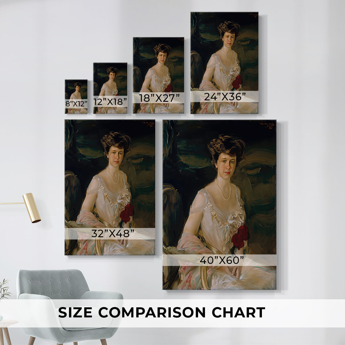 Size comparison chart for canvas art prints, showing multiple size options.