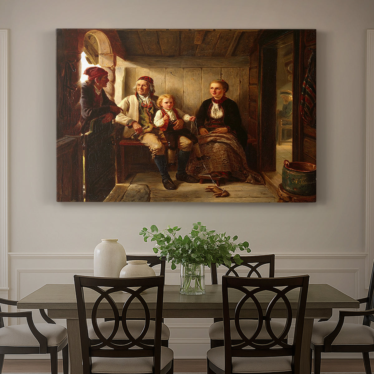 Canvas art print featuring a group of rural villagers gathered inside a dimly lit wooden interior in conversation, showcased as a statement wall artwork