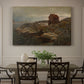 Canvas art print featuring a coastal home near shoreline with boats and surrounding landscape, showcased as a statement wall artwork