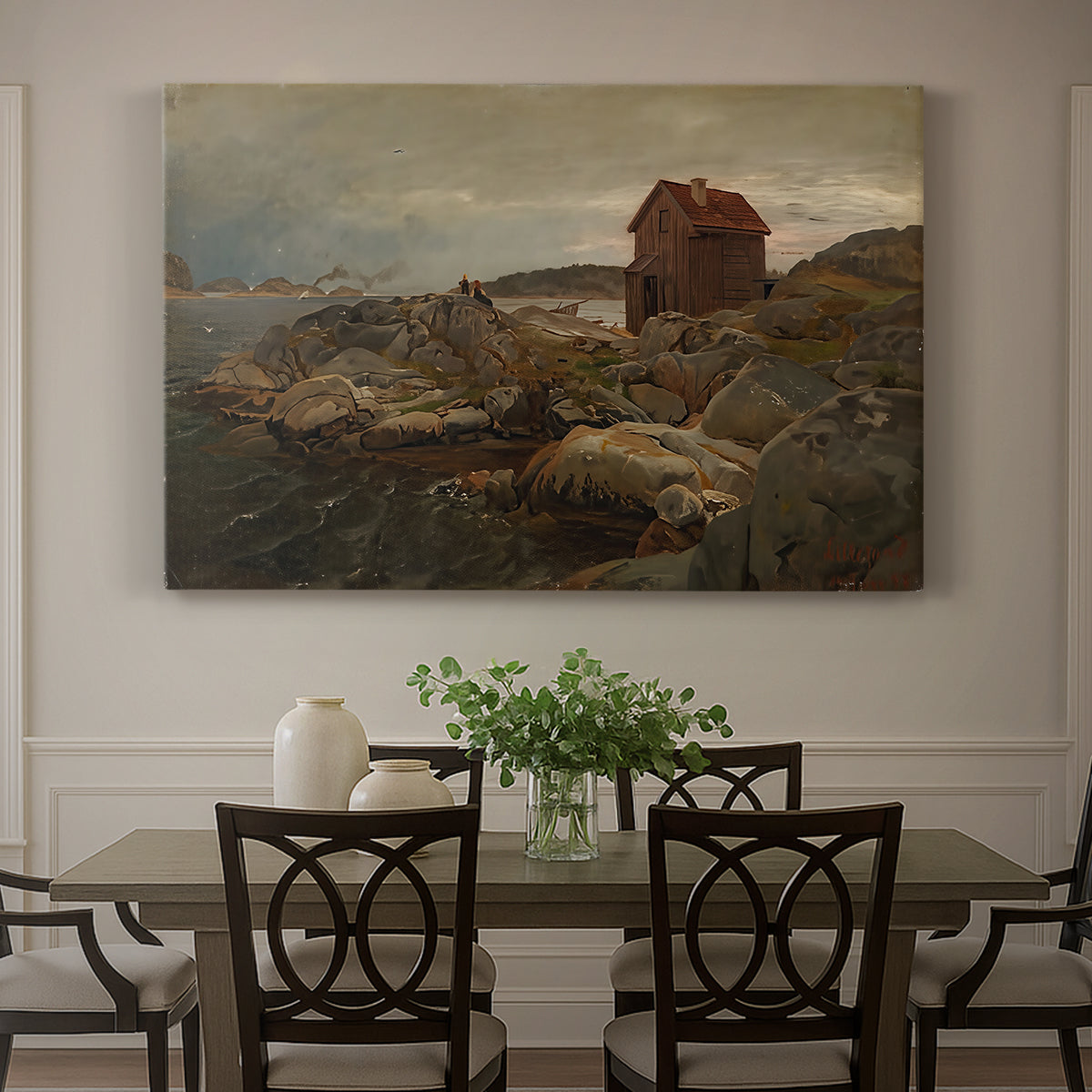 Canvas art print featuring a coastal home near shoreline with boats and surrounding landscape, showcased as a statement wall artwork