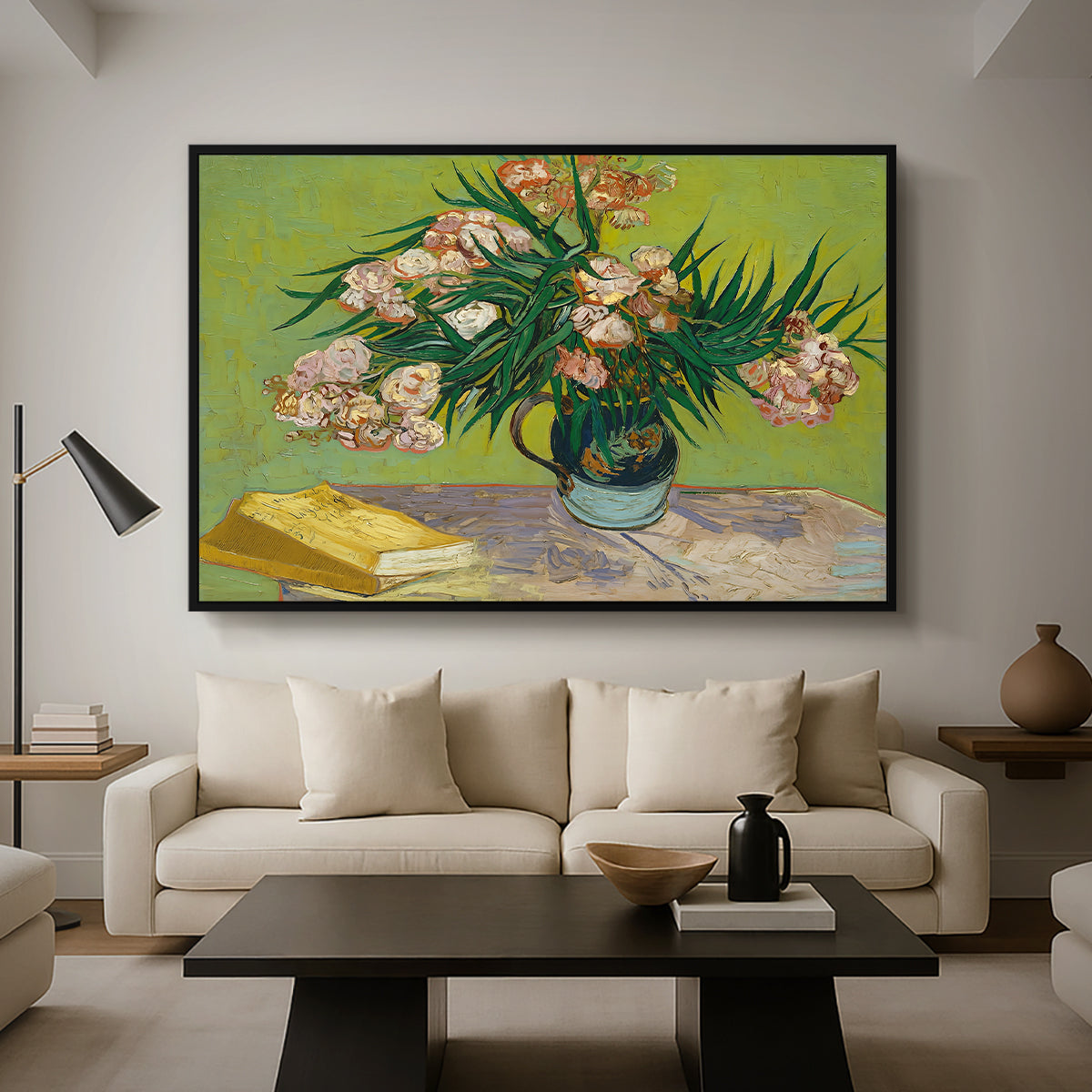 Vase with Oleanders and Books, 1888 - Floater Framed Canvas Print