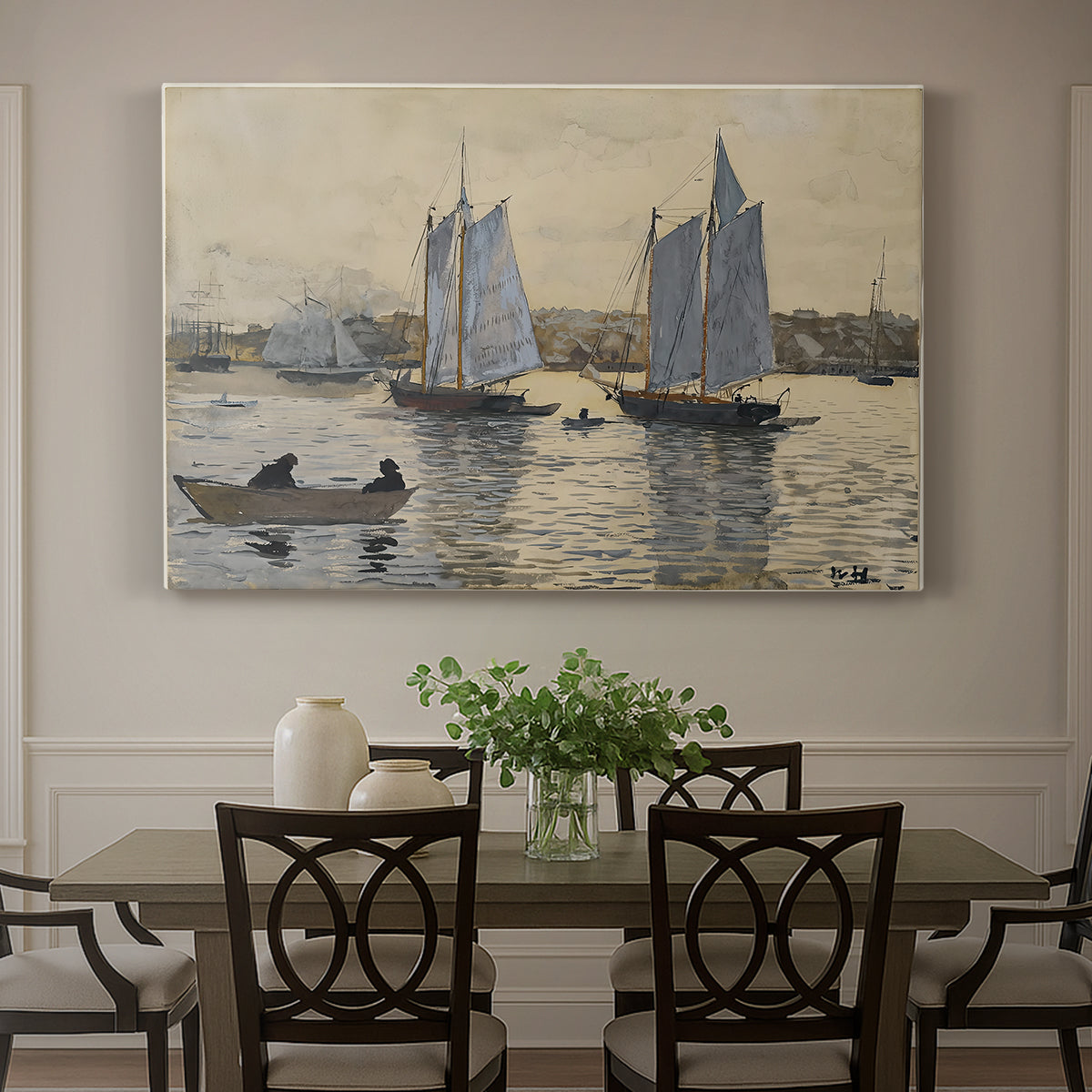 Canvas art print featuring two sailing ships positioned side by side on calm water, showcased as a statement wall artwork