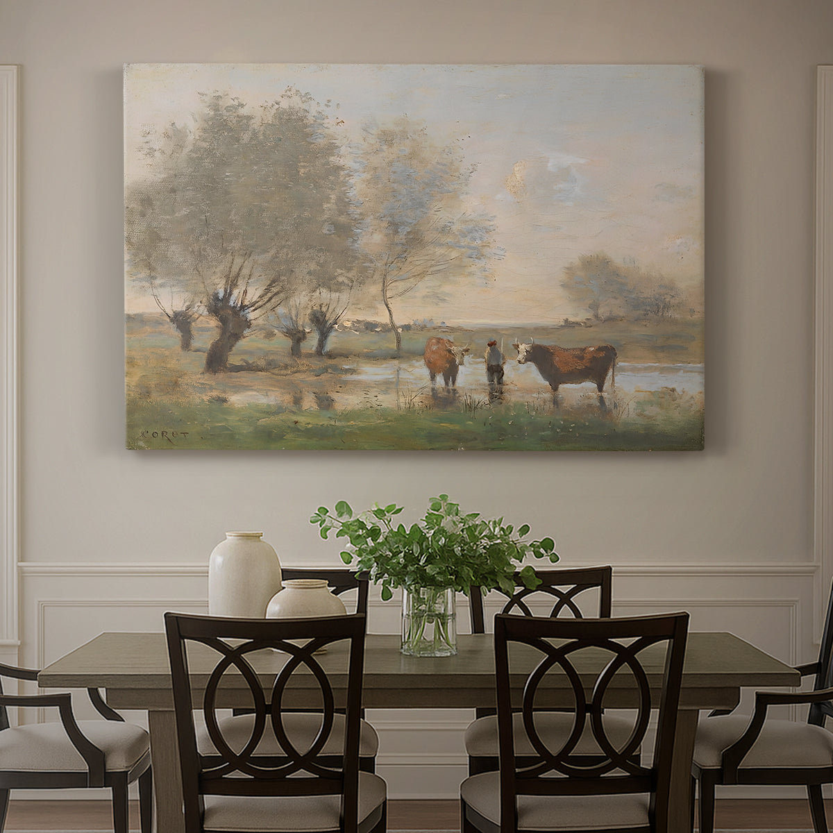 Canvas art print featuring a cows standing in wetland landscape with trees and water, showcased as a statement wall artwork