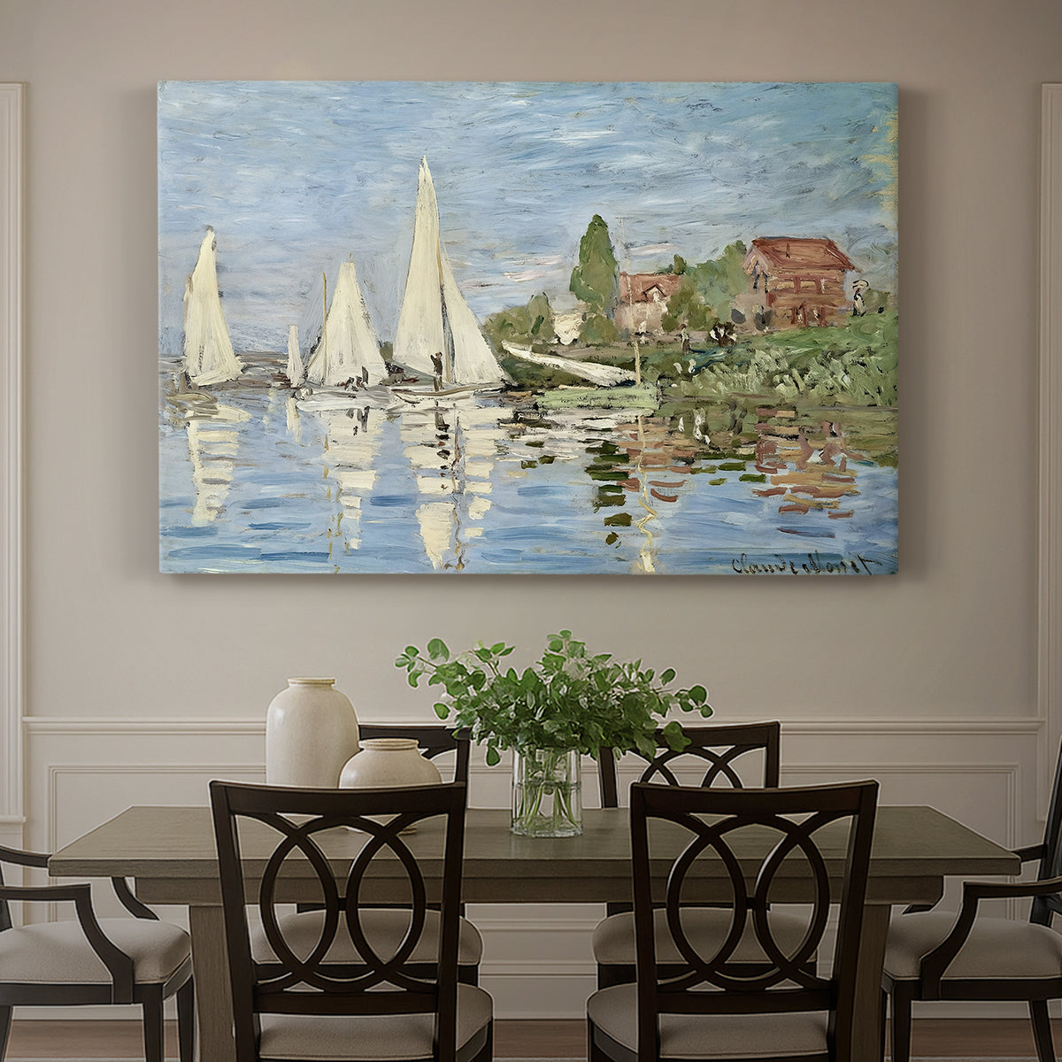 Canvas art print featuring colorful sailboats racing across river under bright sky, showcased as a statement wall artwork
