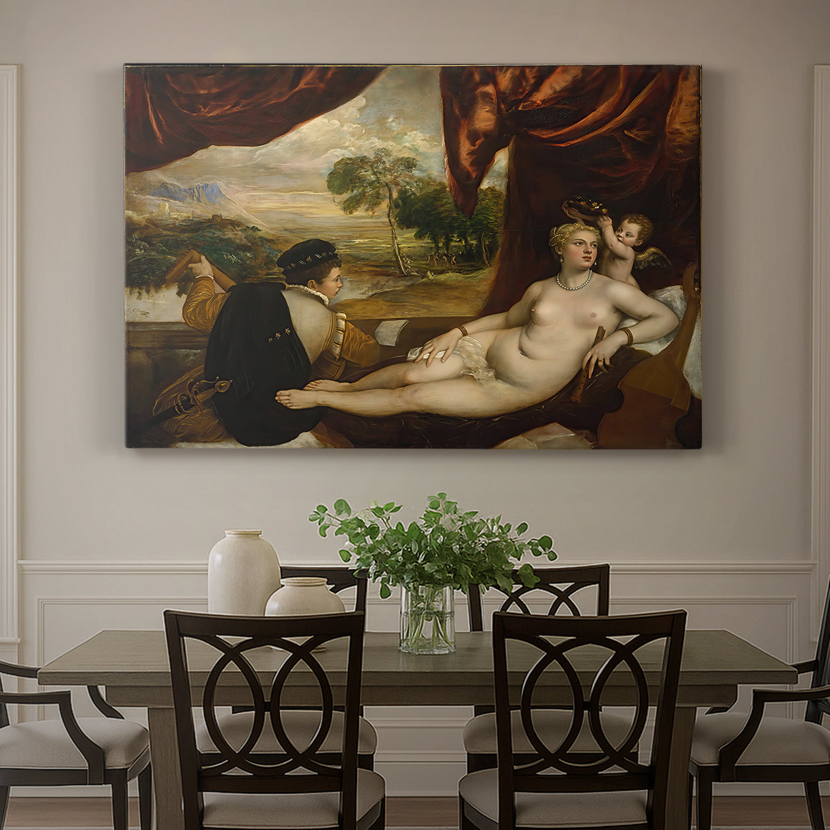 Canvas art print featuring a reclining nude woman with lute player in romantic pastoral setting, showcased as a statement wall artwork