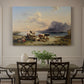 Canvas art print featuring shepherds tending cattle near lake with mountains, showcased as a statement wall artwork