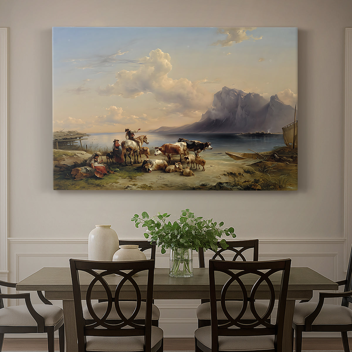 Canvas art print featuring shepherds tending cattle near lake with mountains, showcased as a statement wall artwork