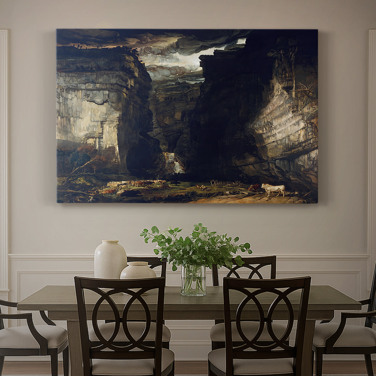 Canvas art print featuring a dramatic rocky gorge with towering cliffs and waterfall, showcased as a statement wall artwork