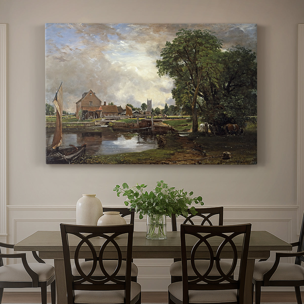 Canvas art print featuring a watermill and lock beside river with trees, showcased as a statement wall artwork