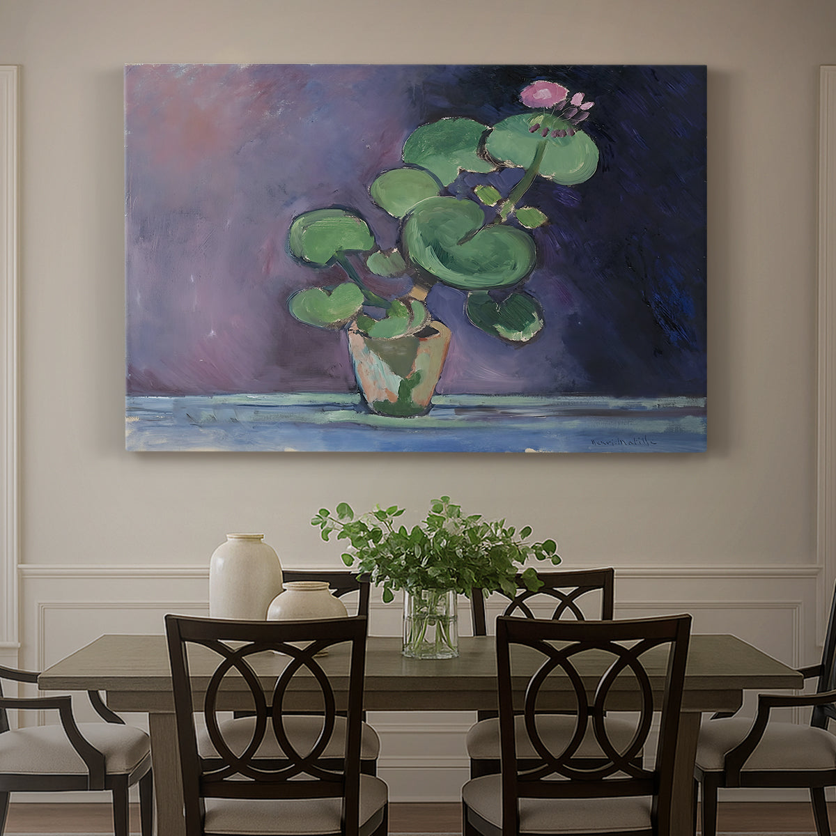 Canvas art print featuring a potted geranium with green leaves and blossoms against a dark background, showcased as a statement wall artwork