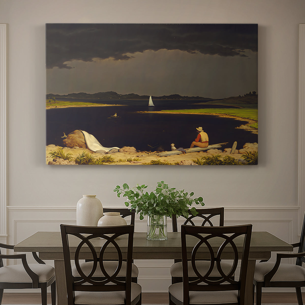 Canvas art print featuring dark storm clouds gathering over landscape horizon, showcased as a statement wall artwork