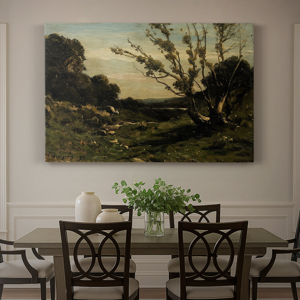 Canvas art print featuring an early morning landscape with trees and soft light over countryside, showcased as a statement wall artwork