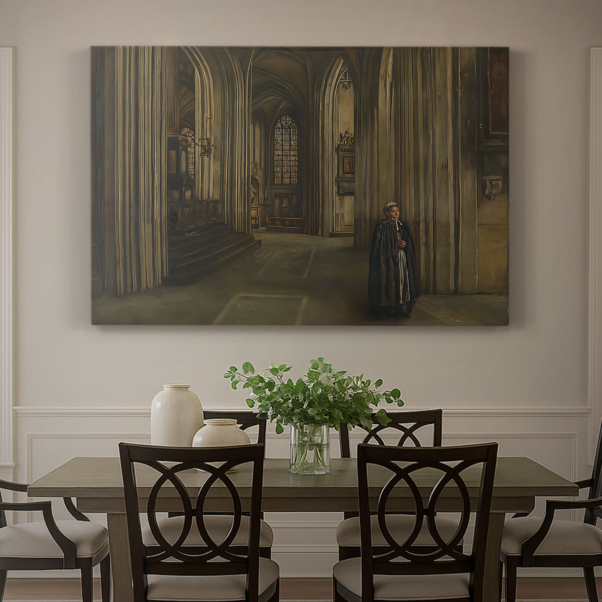 Canvas art print featuring a quiet church interior with columns, arches, and soft light, showcased as a statement wall artwork