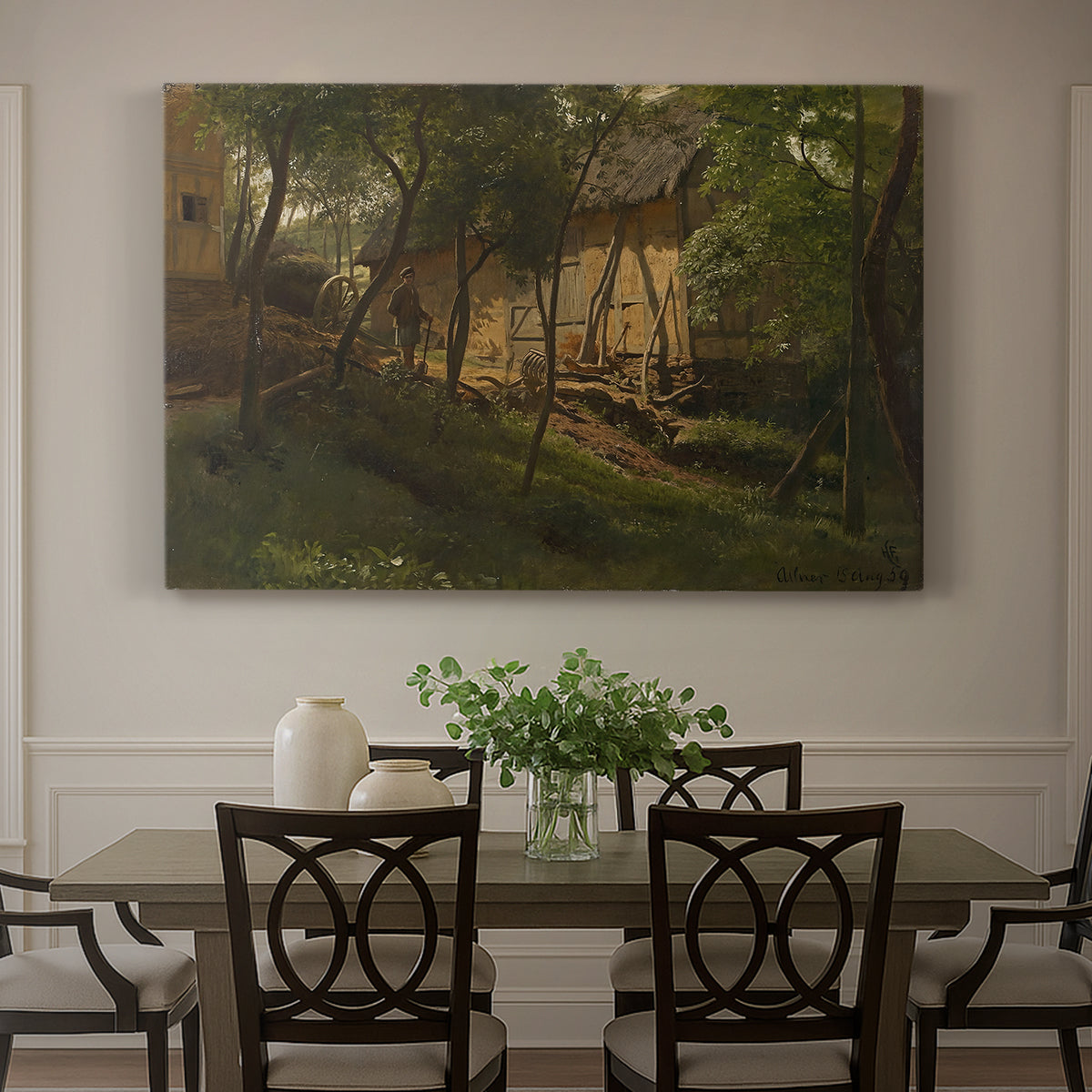 Canvas art print featuring rustic farm buildings surrounded by trees and rural landscape, showcased as a statement wall artwork