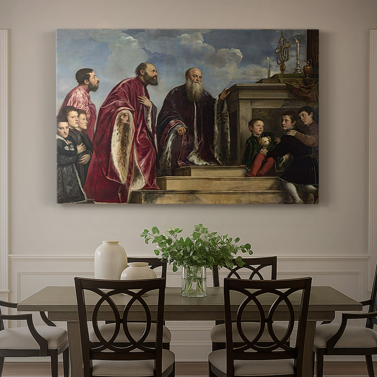 Canvas art print featuring a family group standing in reverent pose before sacred relic in formal interior, showcased as a statement wall artwork
