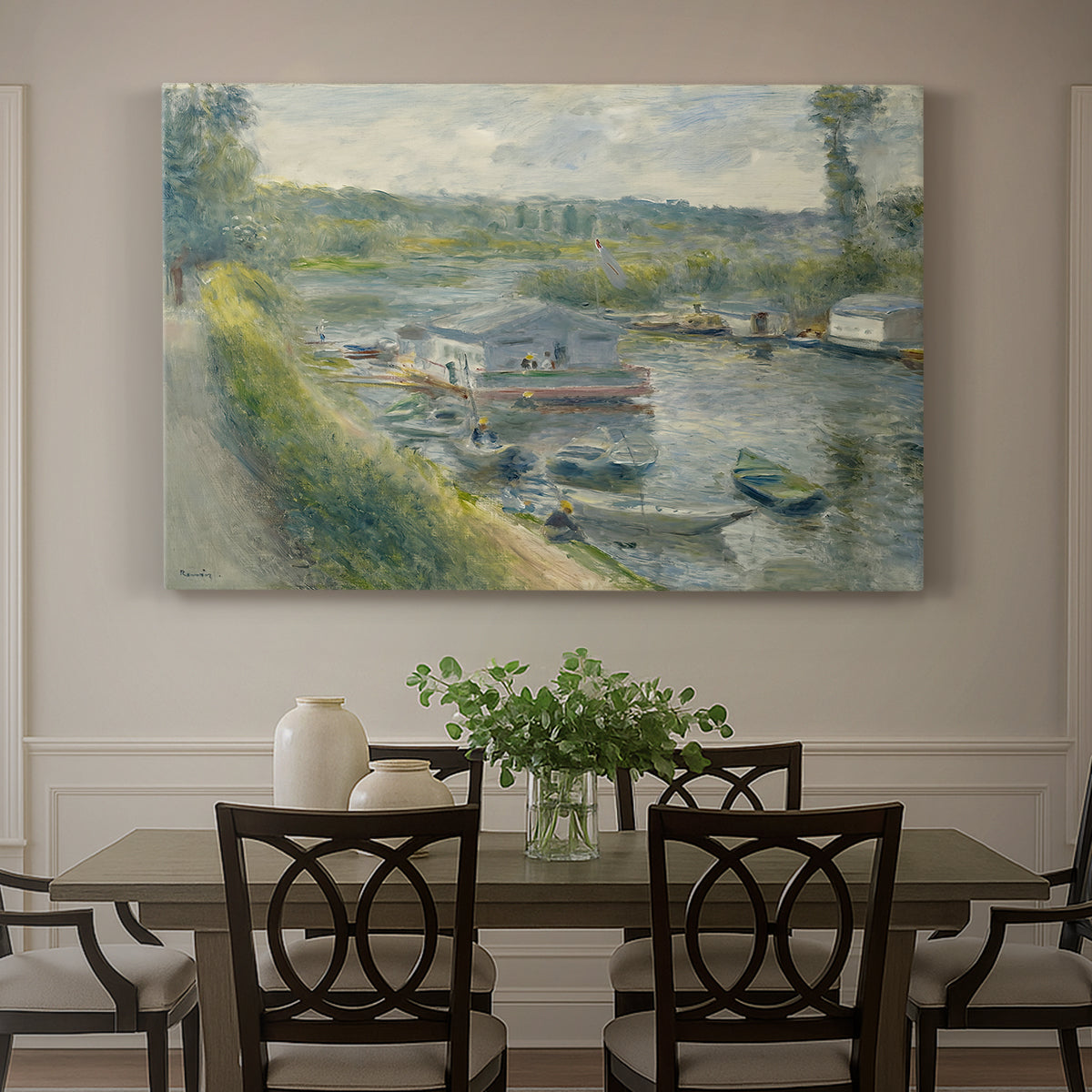 Canvas art print featuring a floating wash-house boat along a riverbank with figures working nearby, showcased as a statement wall artwork