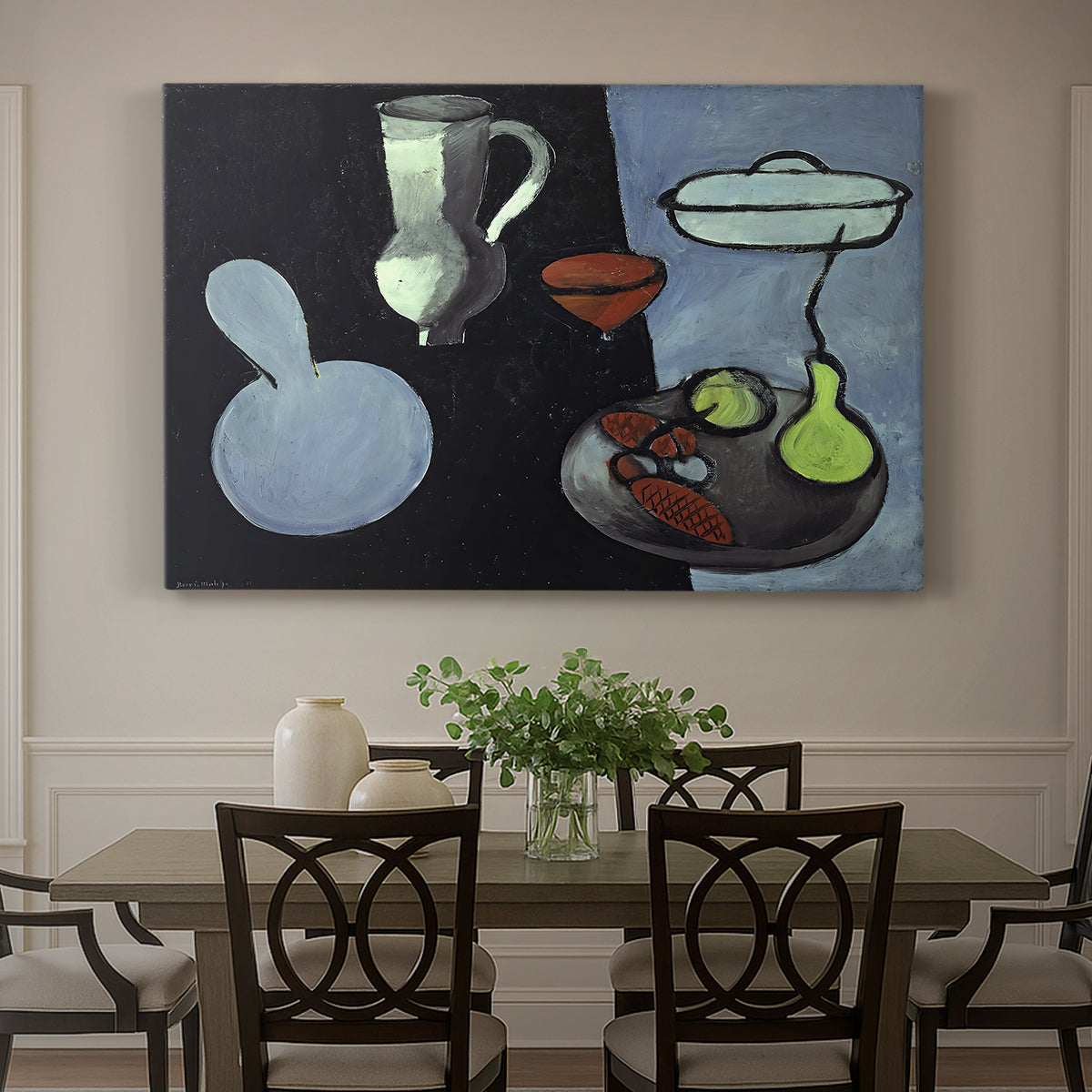 Canvas art print featuring a minimal still life with gourds and vessels on a dark surface, showcased as a statement wall artwork