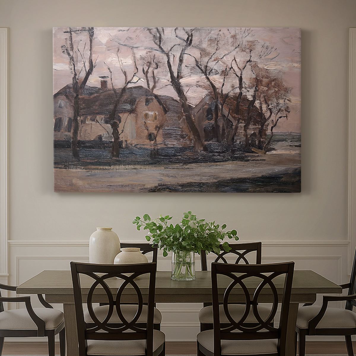 Canvas art print featuring a farmhouse and trees in muted evening landscape, showcased as a statement wall artwork