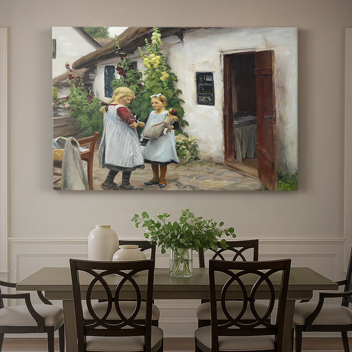 Canvas art print featuring a woman and child standing outside farmhouse searching for missing kitten, showcased as a statement wall artwork