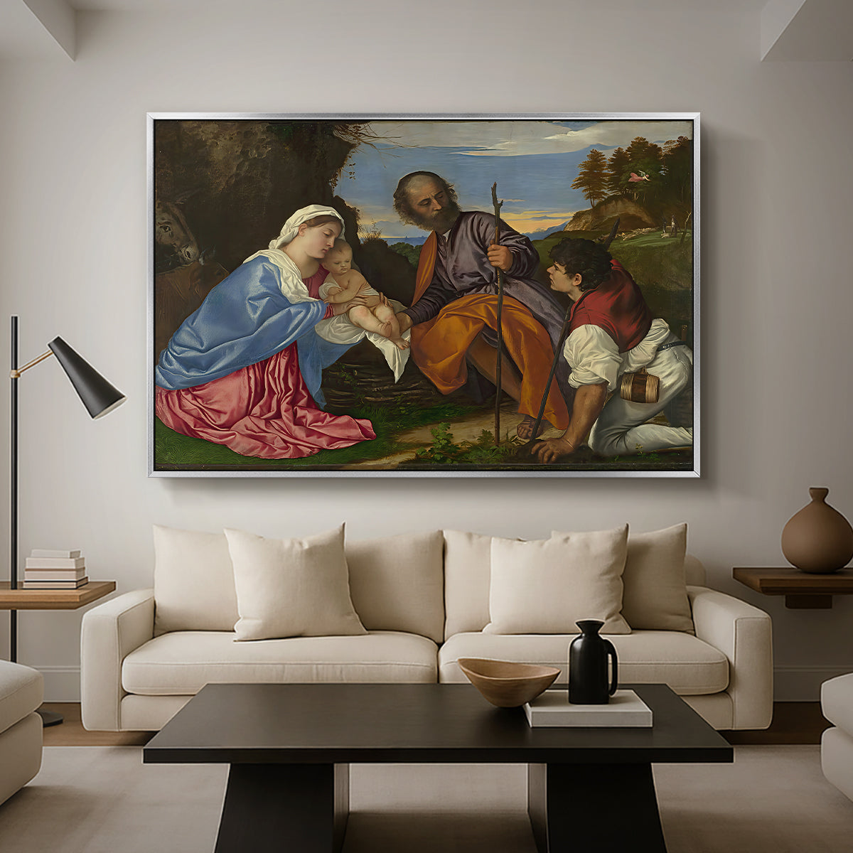 The Holy Family with a Shepherd, c. 1510 - Floater Framed Canvas Print