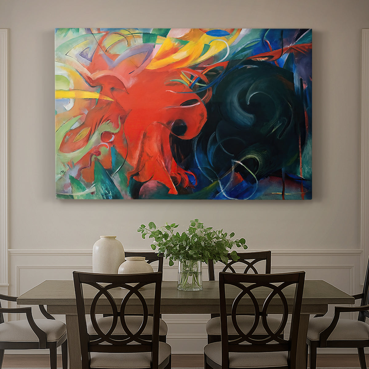 Canvas art print featuring a dynamic abstract shapes colliding in energetic composition, showcased as a statement wall artwork