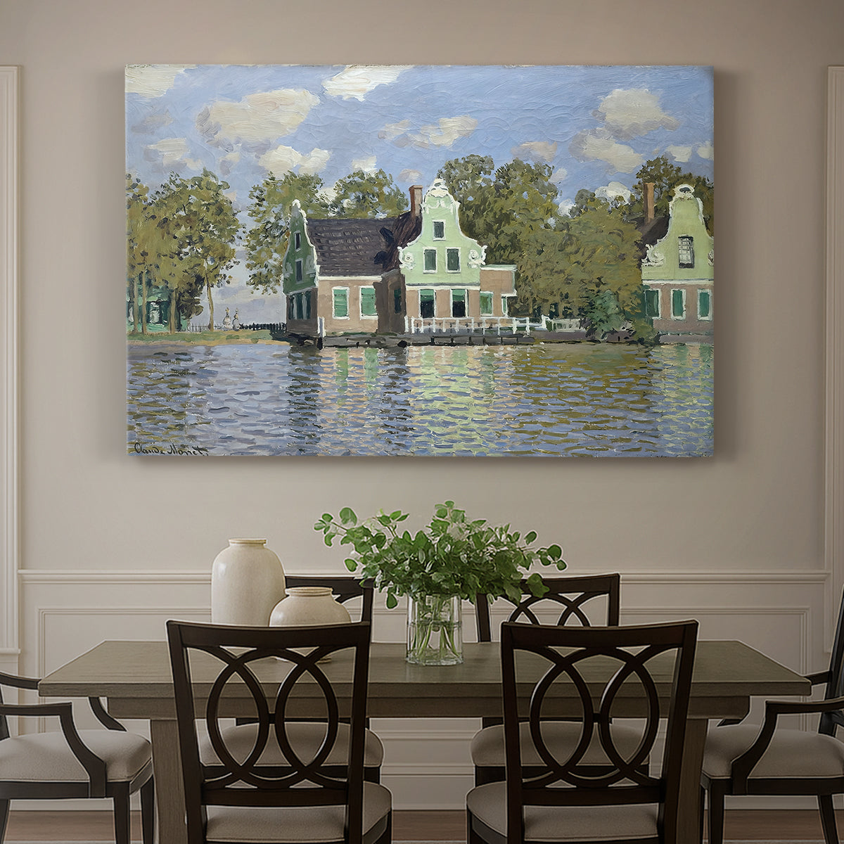 Canvas art print featuring a row of houses along river with reflections in calm water, showcased as a statement wall artwork