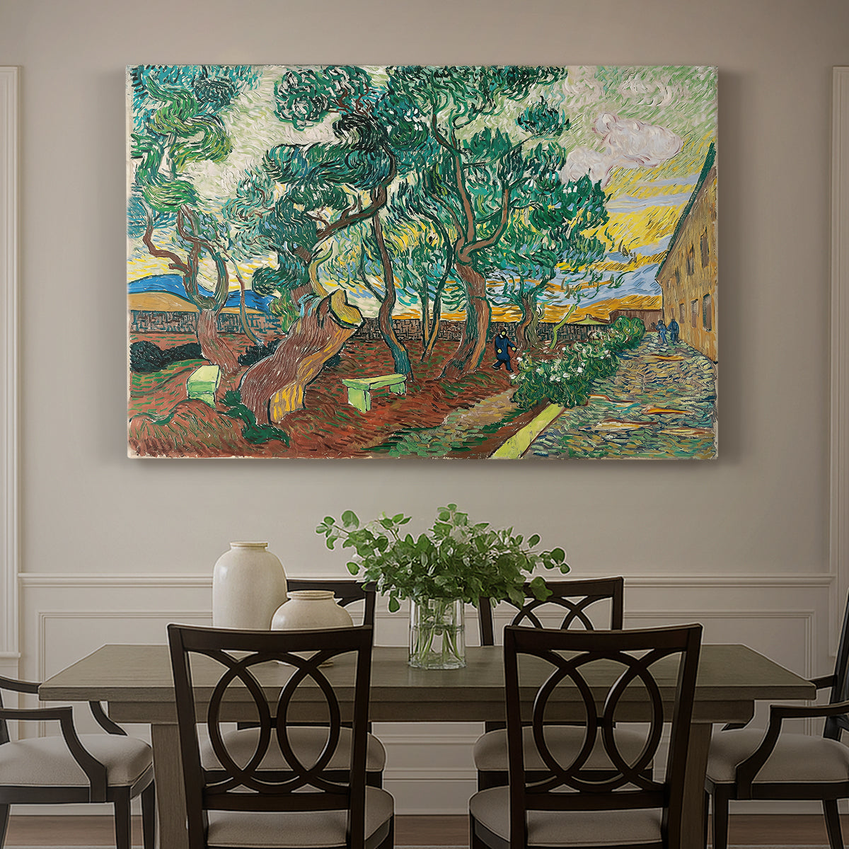 Canvas art print featuring an enclosed garden with trees and pathways rendered in vibrant brushwork, showcased as a statement wall artwork