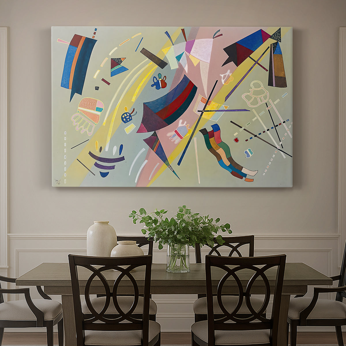Canvas art print featuring a geometric abstract composition with intersecting lines and floating shapes, showcased as a statement wall artwork