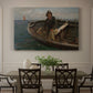 Canvas art print featuring fishermen working from small boat on open water near shore, showcased as a statement wall artwork