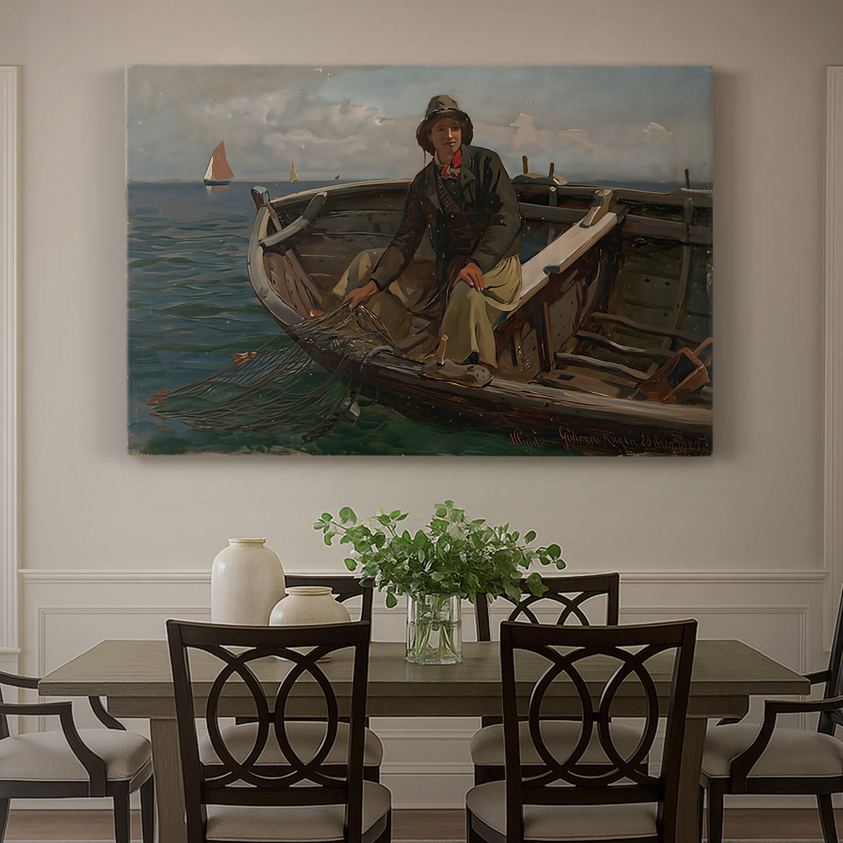 Canvas art print featuring fishermen working from small boat on open water near shore, showcased as a statement wall artwork